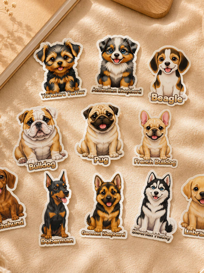 Collection of illustrated dog breed stickers including Yorkshire Terrier, Beagle, Bulldog, Pug, and German Shepherd