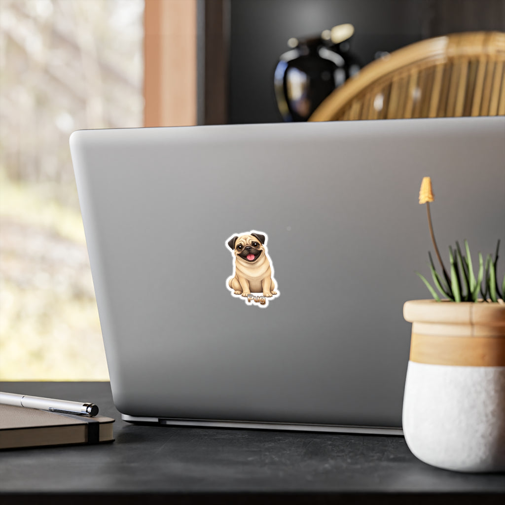 Pug dog vinyl decal sticker on a laptop lid