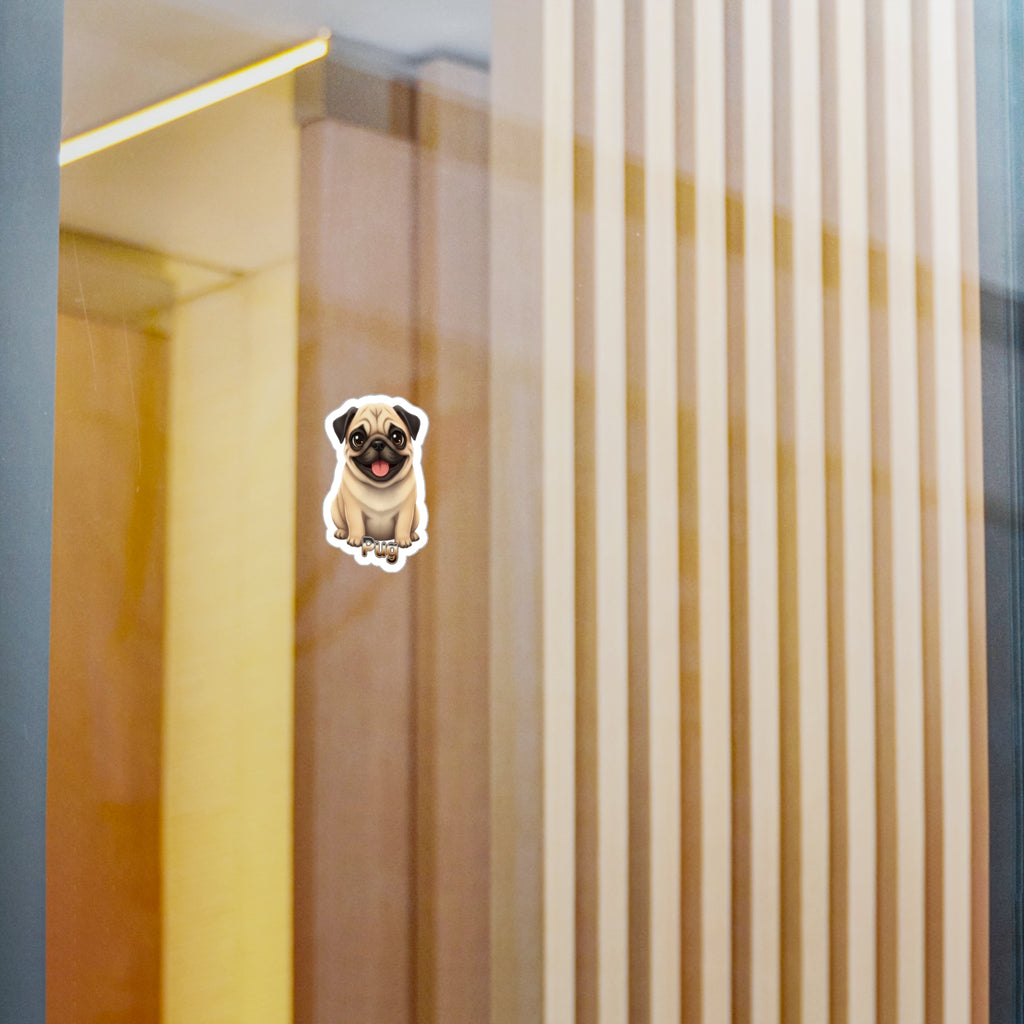Pug dog puppy vinyl decal sticker applied to a glass surface