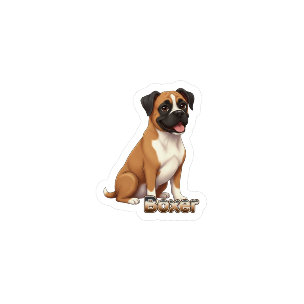 Boxer dog vinyl decal sticker featuring a brown and white dog sitting with the word Boxer written below