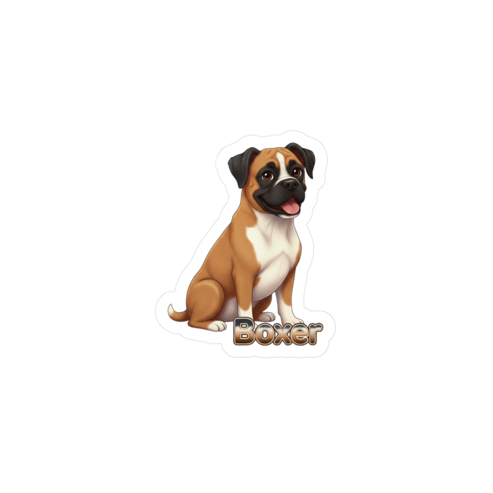Boxer dog vinyl decal sticker featuring a brown and white dog sitting with the word Boxer written below