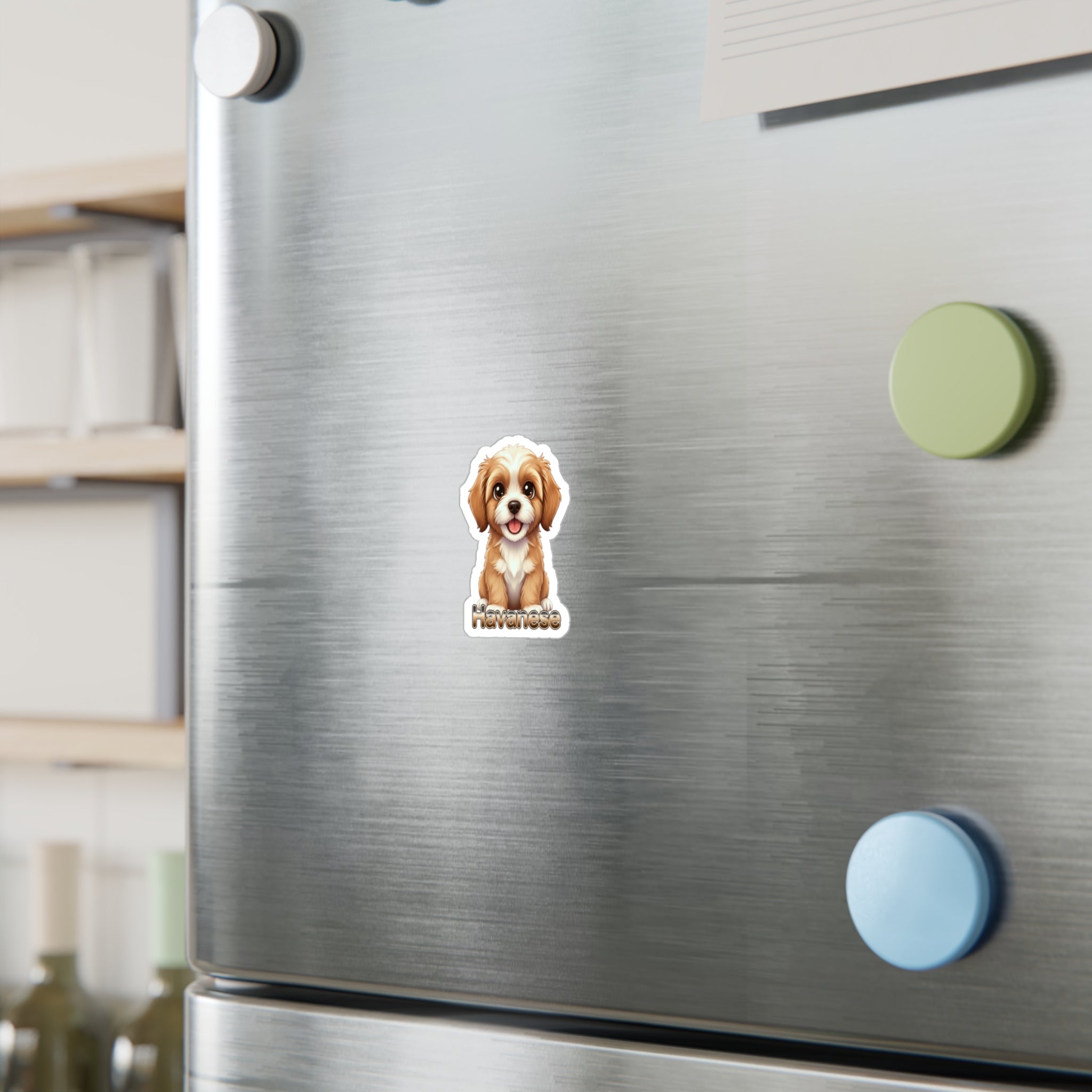 Havanese dog puppy vinyl decal sticker on a stainless steel refrigerator