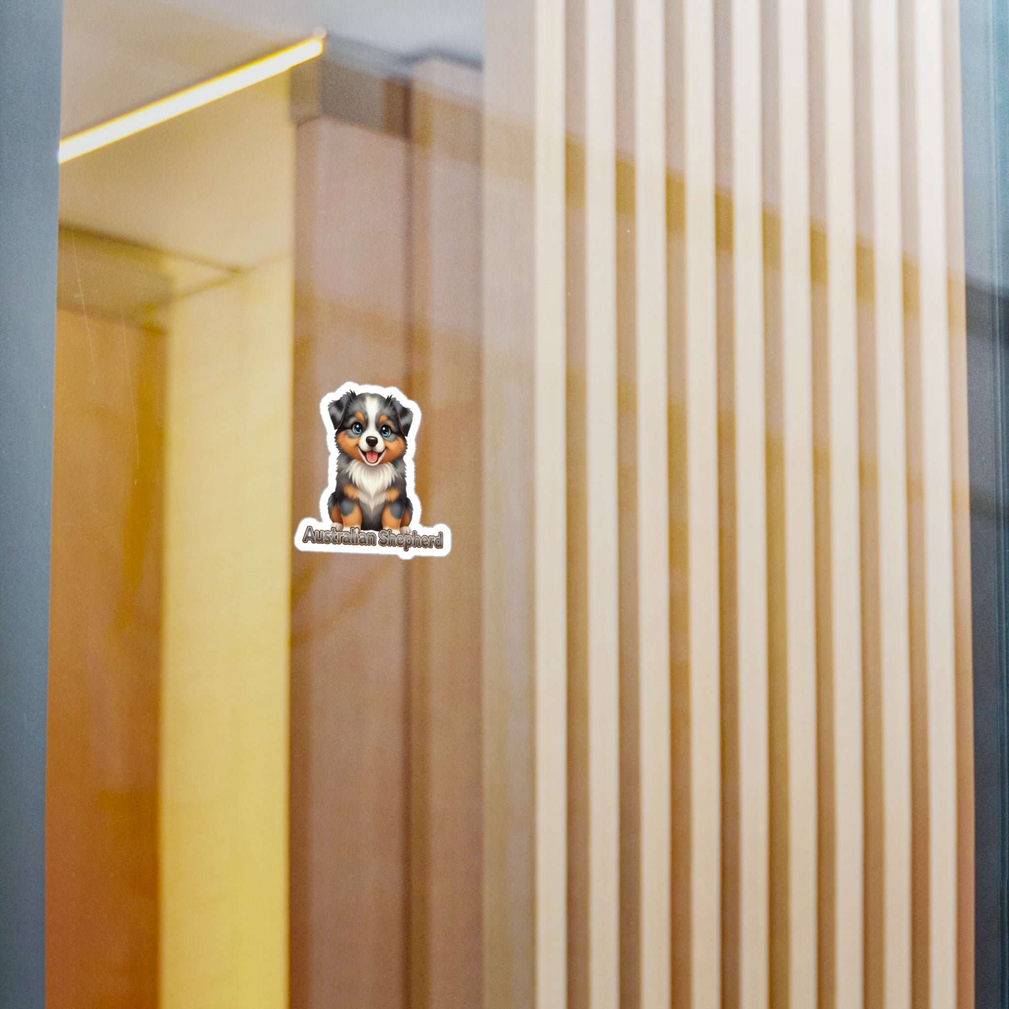 Australian Shepherd dog puppy vinyl decal sticker on a glass surface