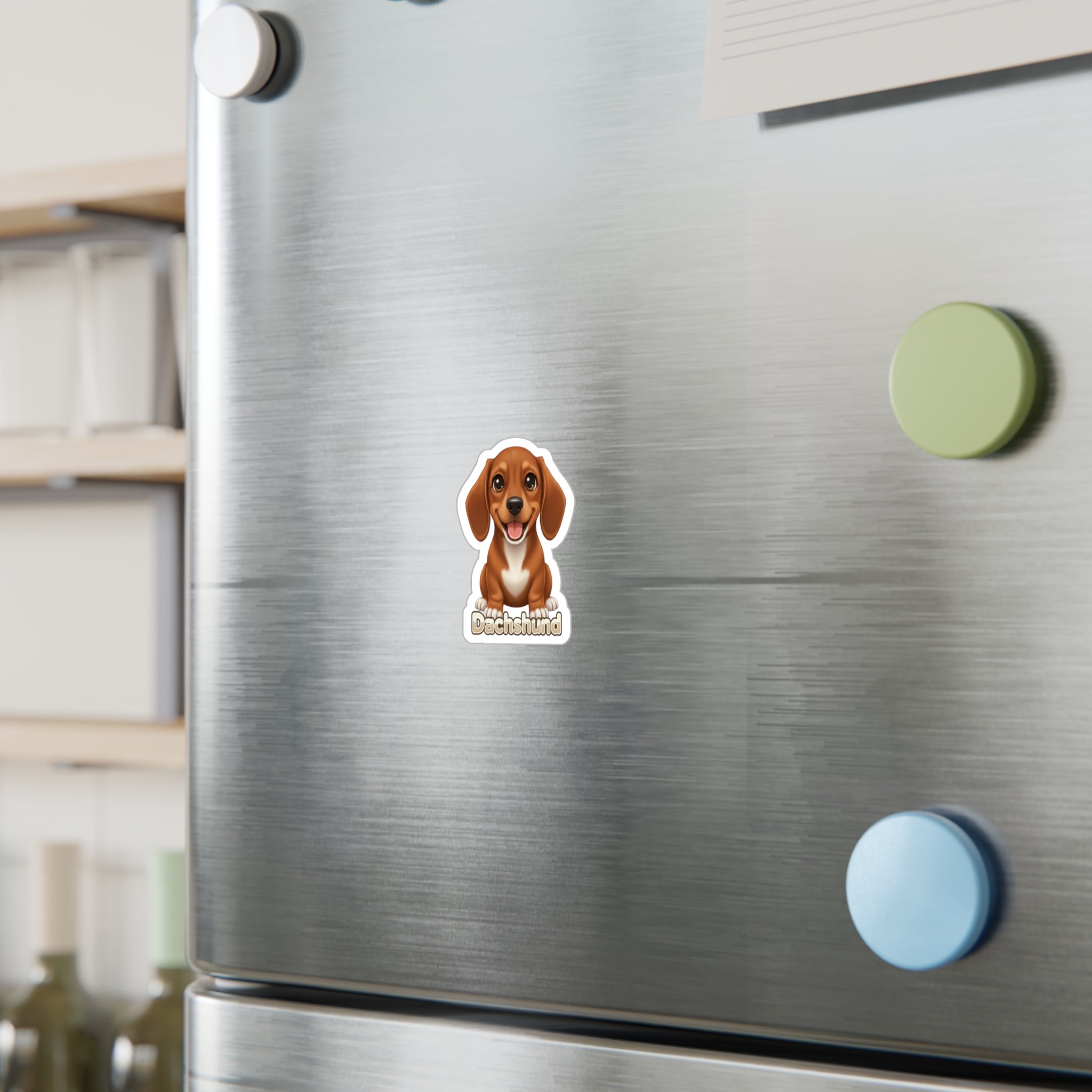 Dachshund dog puppy vinyl decal sticker on a stainless steel refrigerator
