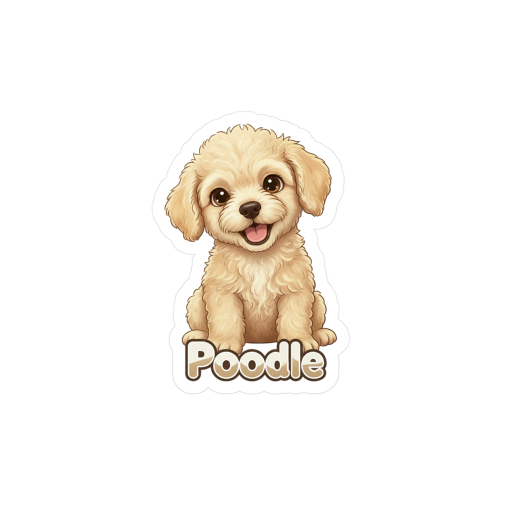 Poodle dog puppy vinyl decal sticker featuring a fluffy cream puppy with the word Poodle underneath