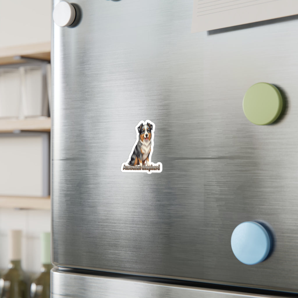Australian Shepherd dog vinyl decal sticker on a stainless steel refrigerator
