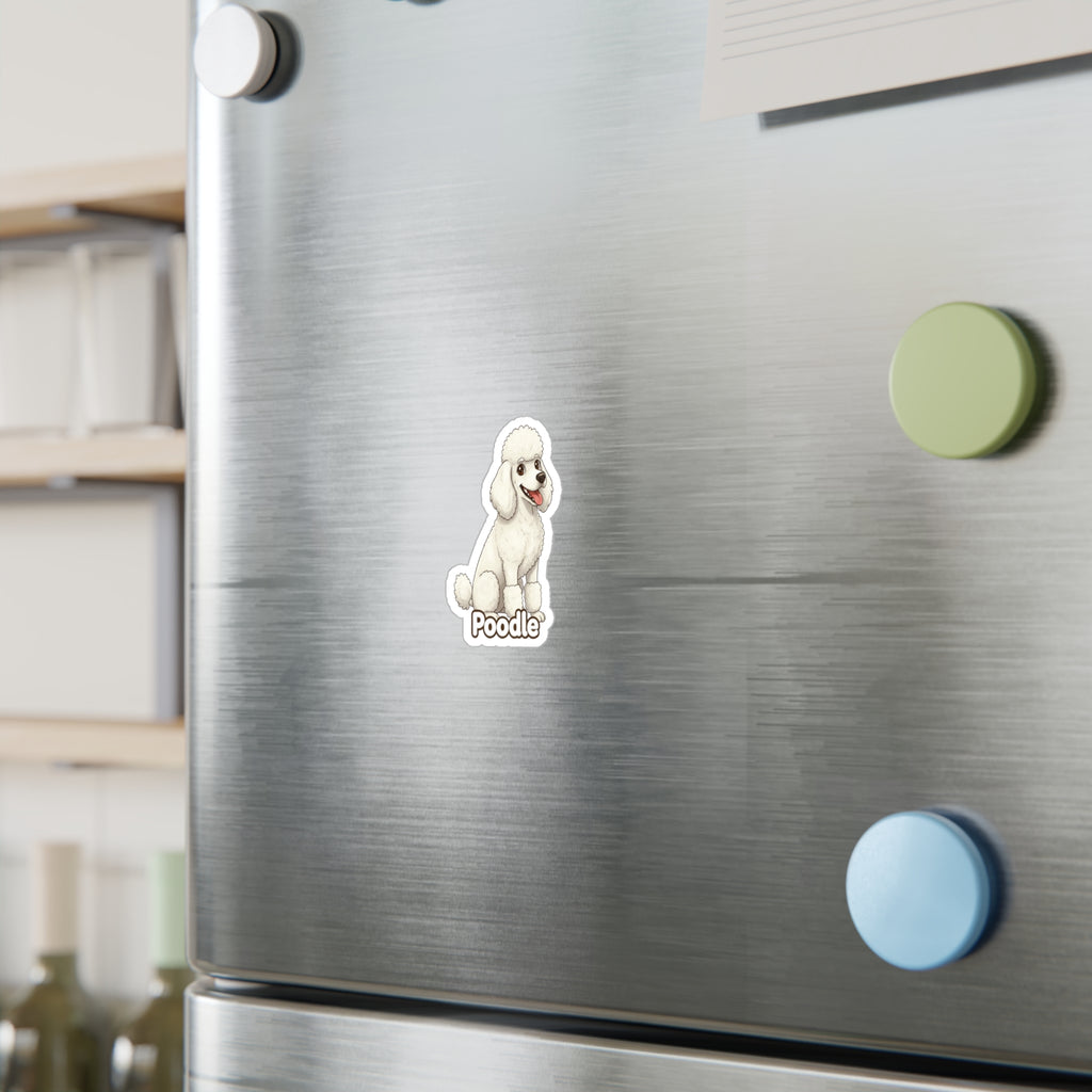 Poodle dog vinyl decal sticker on a stainless steel refrigerator