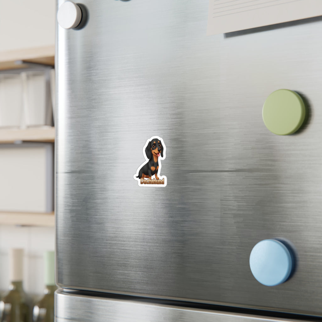 Dachshund dog vinyl decal sticker on a stainless steel refrigerator