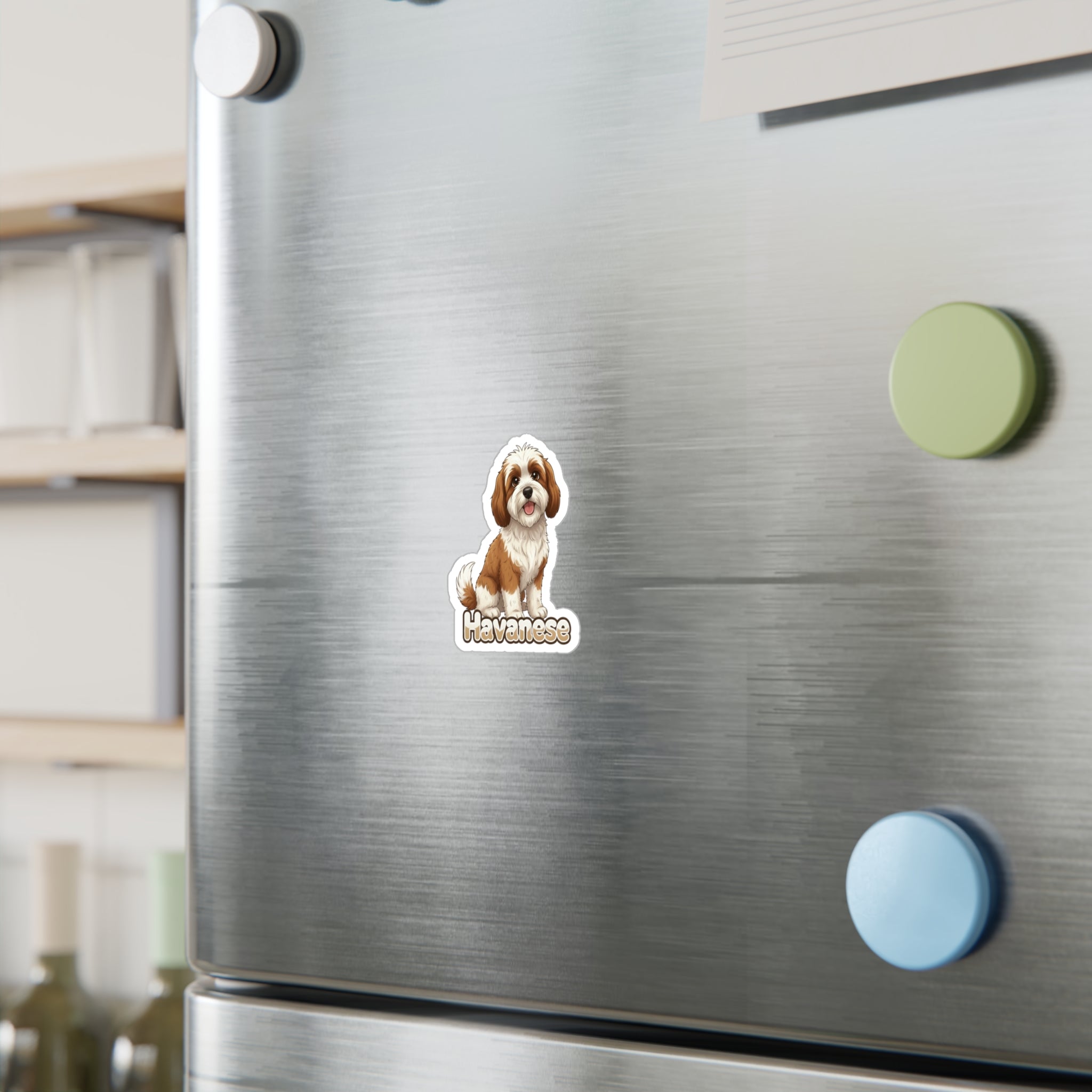 Havanese dog vinyl decal sticker on a stainless steel refrigerator