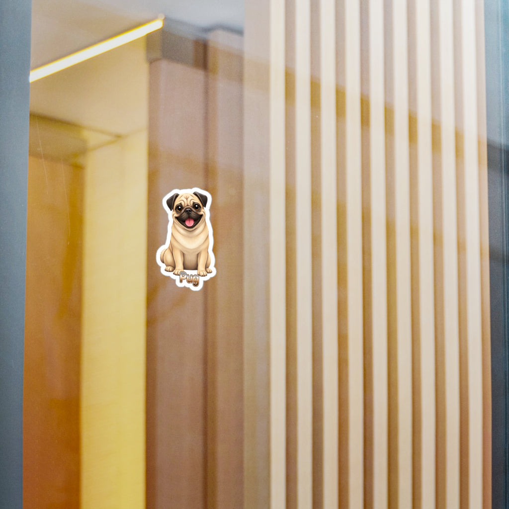 Pug dog vinyl decal sticker on a glass surface