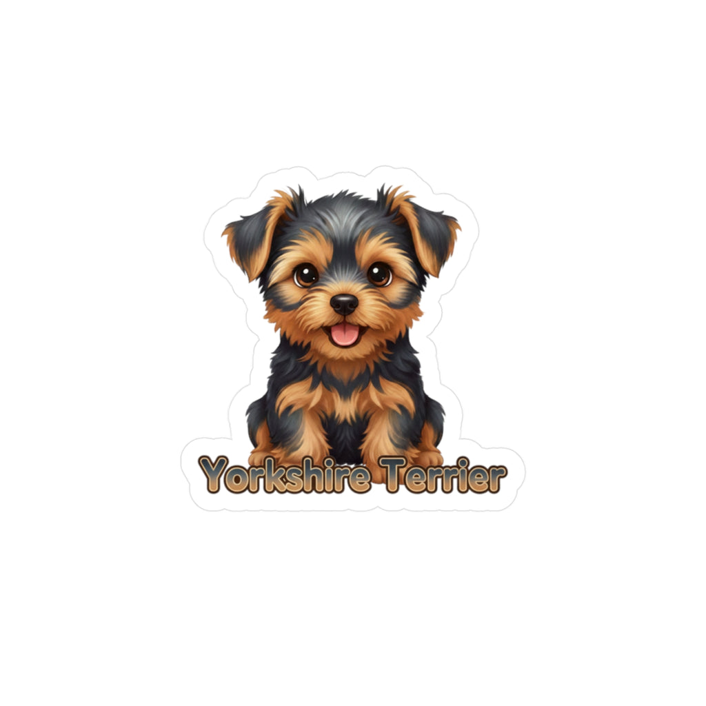 A die-cut sticker featuring a cute cartoon illustration of a Yorkshire Terrier dog with the text 'Yorkshire Terrier' underneath, shown on a plain white background.