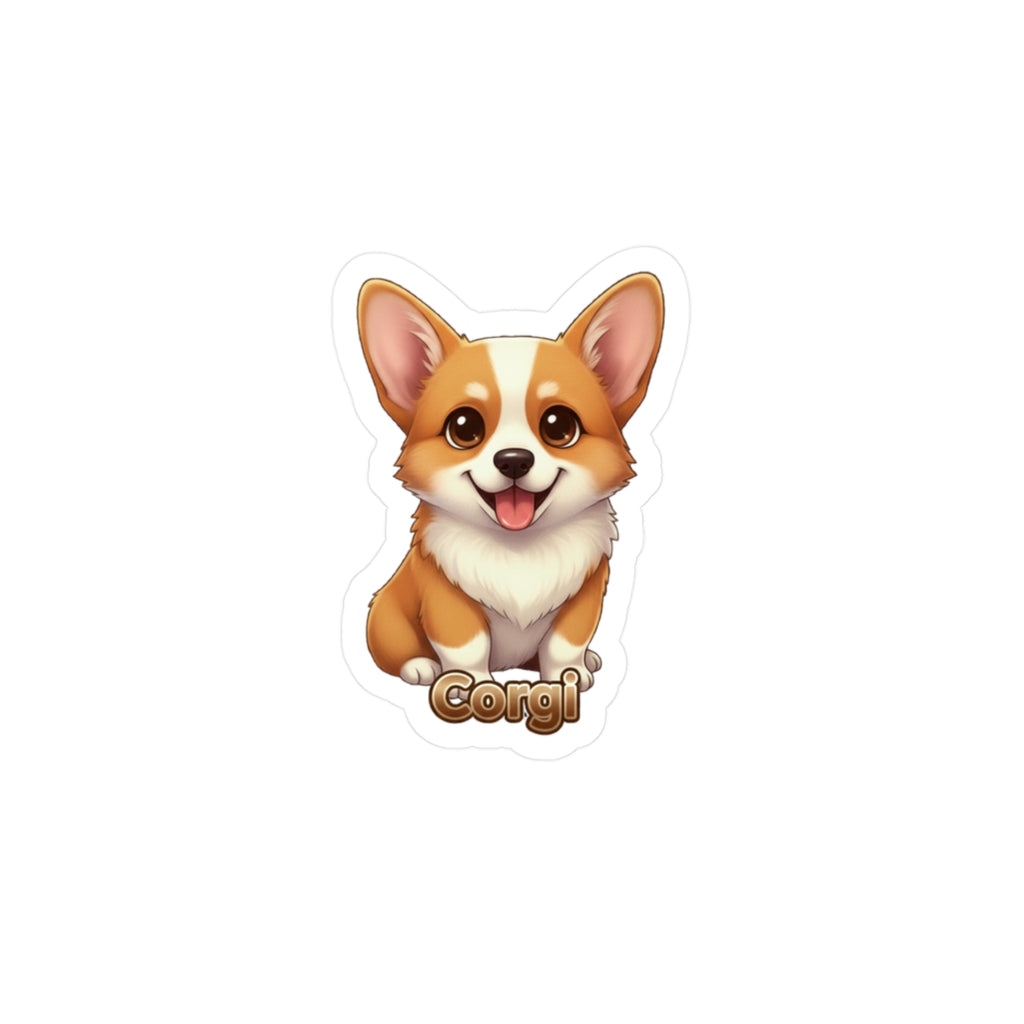 A die-cut sticker featuring a cute cartoon corgi with the word 'Corgi' written below it, shown on a plain white background.