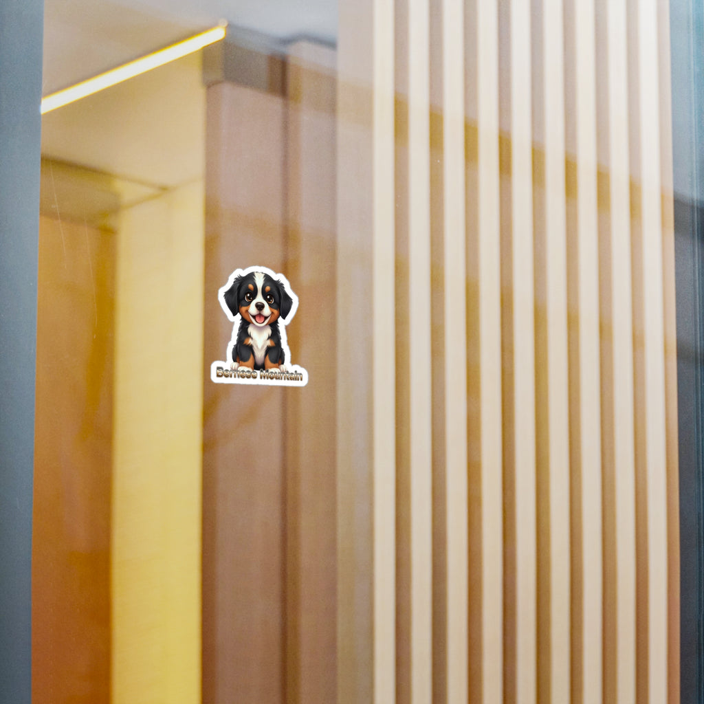 Bernese Mountain Dog puppy vinyl decal sticker applied to a glass door