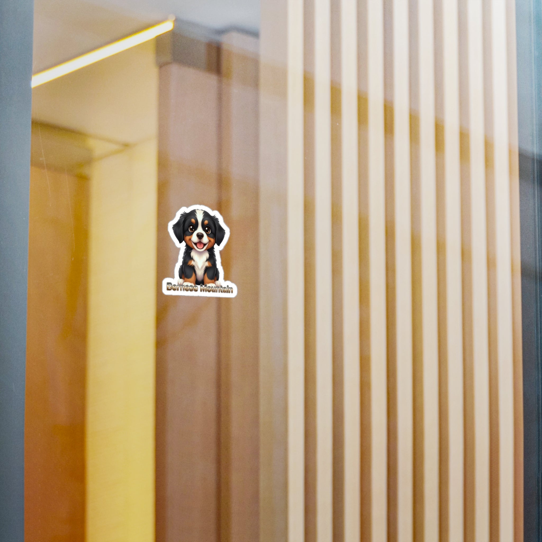 Bernese Mountain Dog puppy vinyl decal sticker applied to a glass door