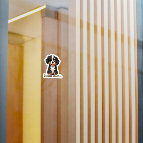 Bernese Mountain Dog puppy vinyl decal sticker applied to a glass door