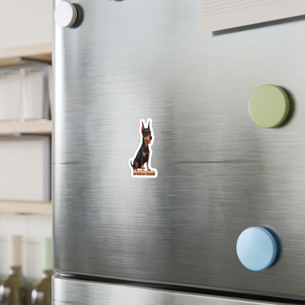 Doberman dog vinyl decal sticker on a stainless steel refrigerator
