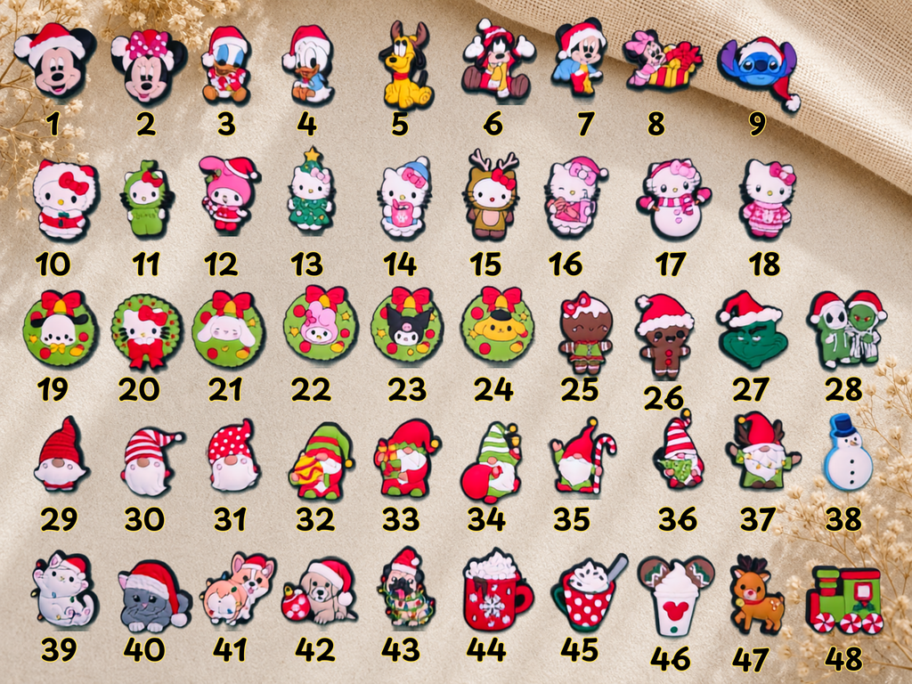 Numbered grid of forty eight Christmas shoe charms featuring cartoon characters and holiday icons