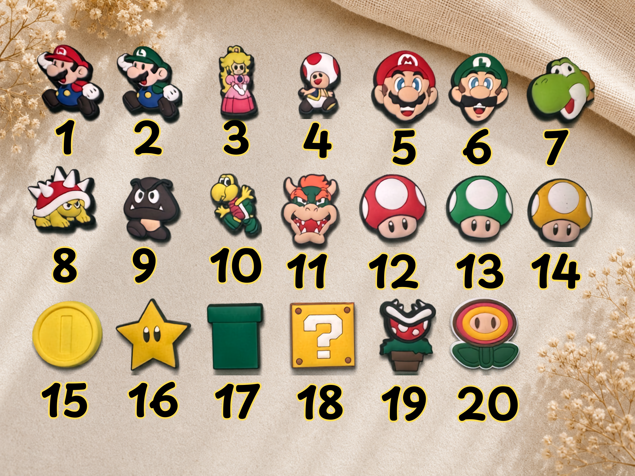 Numbered collection of twenty video game themed shoe charms featuring characters and items