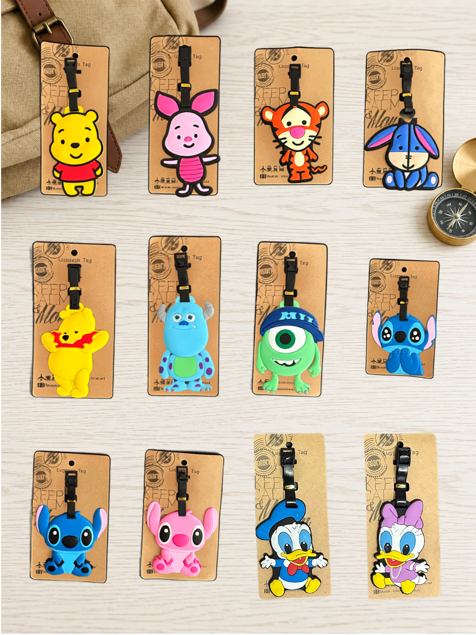 Collection of twelve cartoon character Monsters luggage tags on display cards