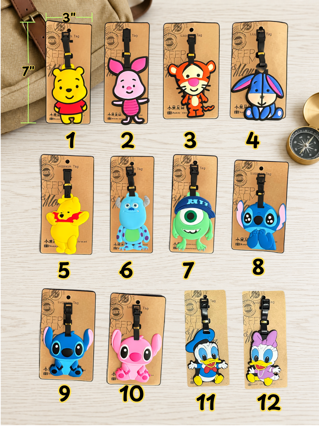 Twelve assorted character luggage tags on display cards