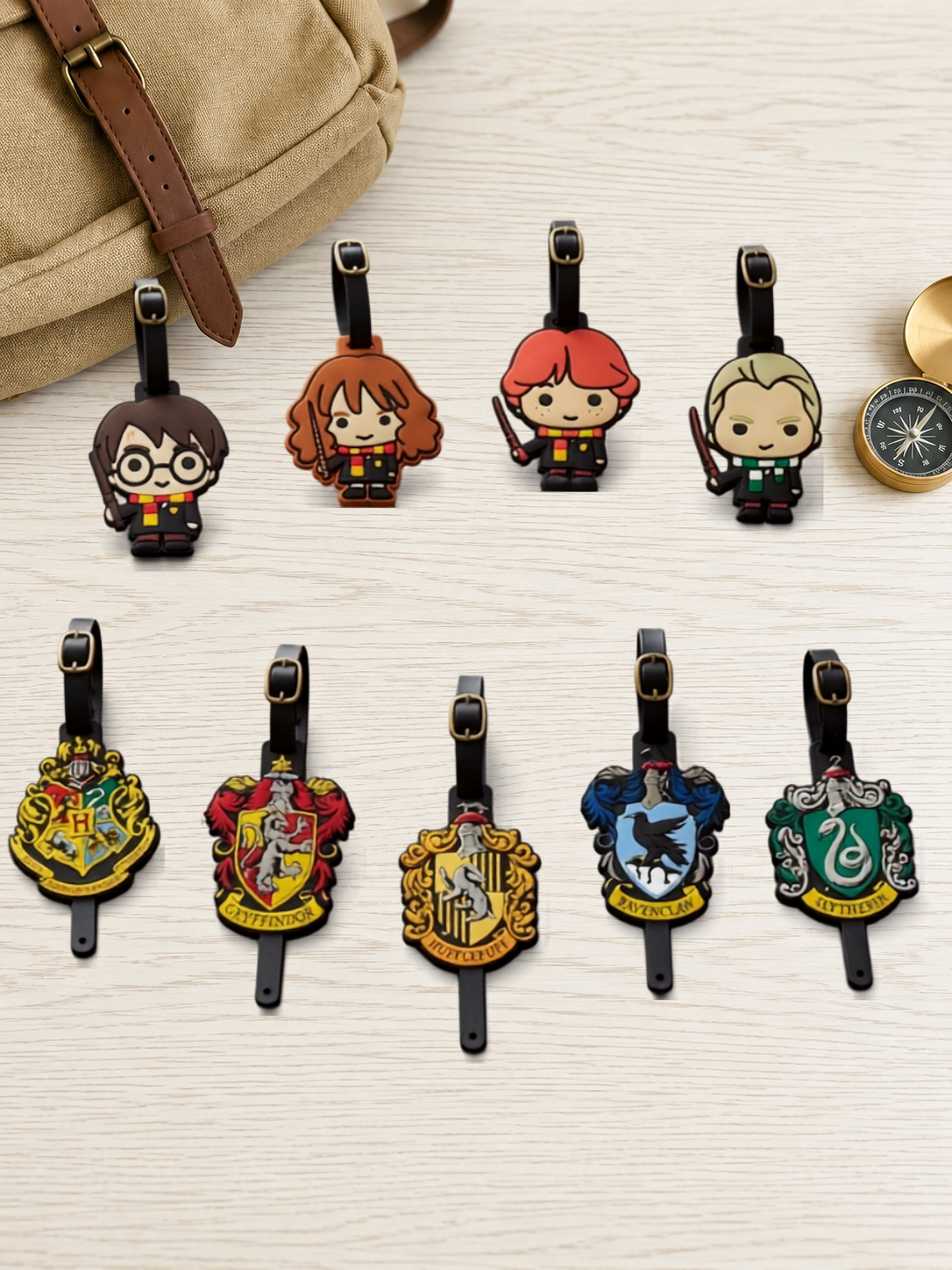 Wizard School luggage tags featuring character and house crest designs