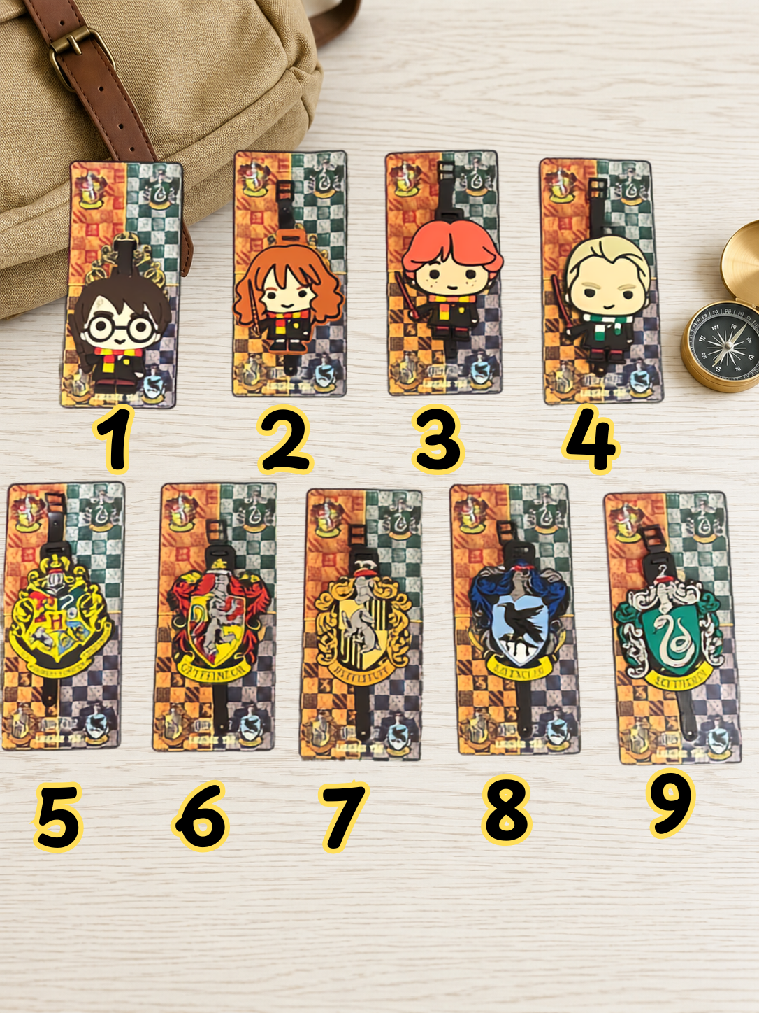 Nine Wizard School luggage tags featuring character illustrations and house crests on a wooden surface