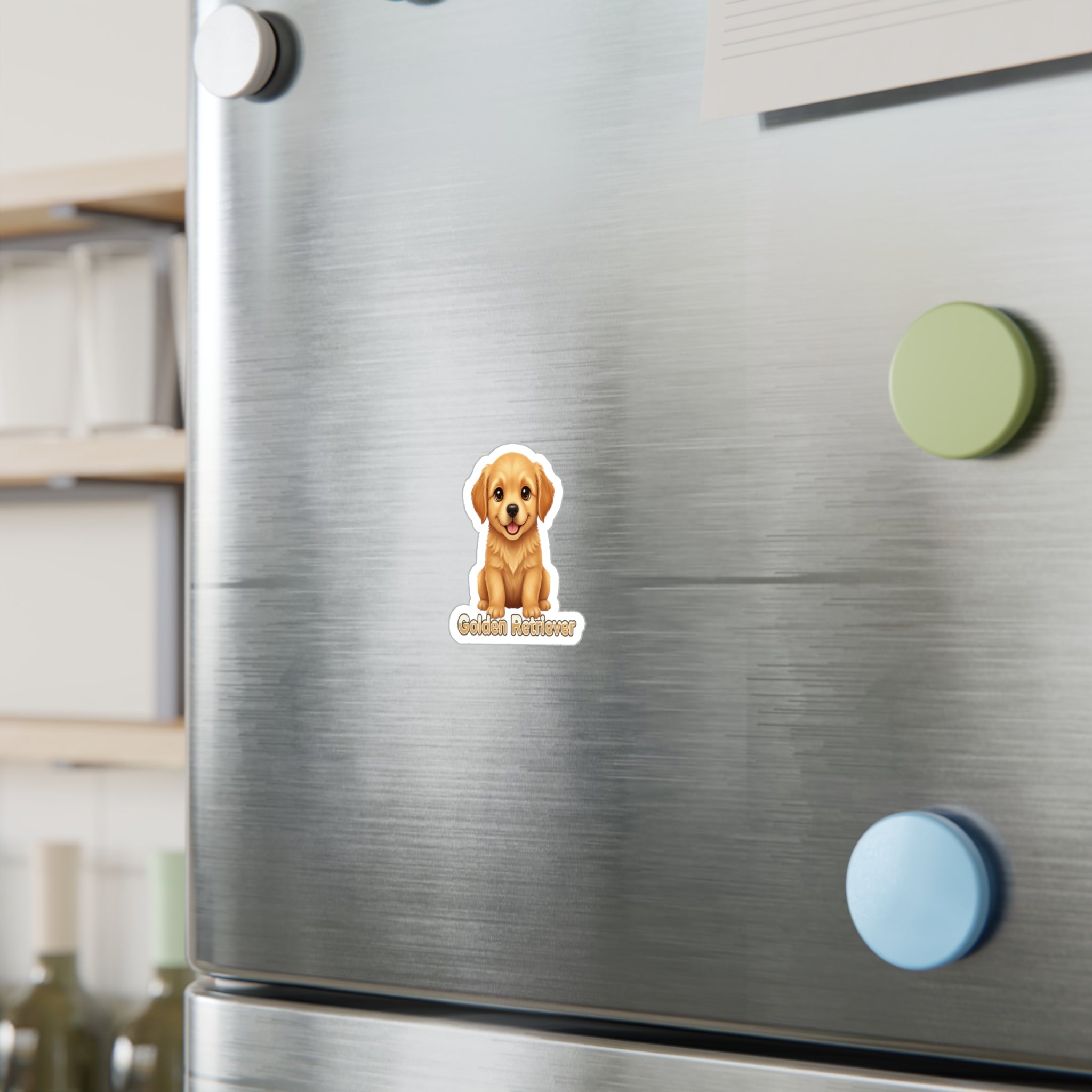 Golden Retriever puppy vinyl decal sticker on a stainless steel refrigerator
