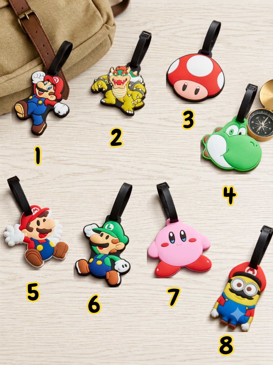 Eight numbered Game Luggage Tags featuring various video game characters and icons