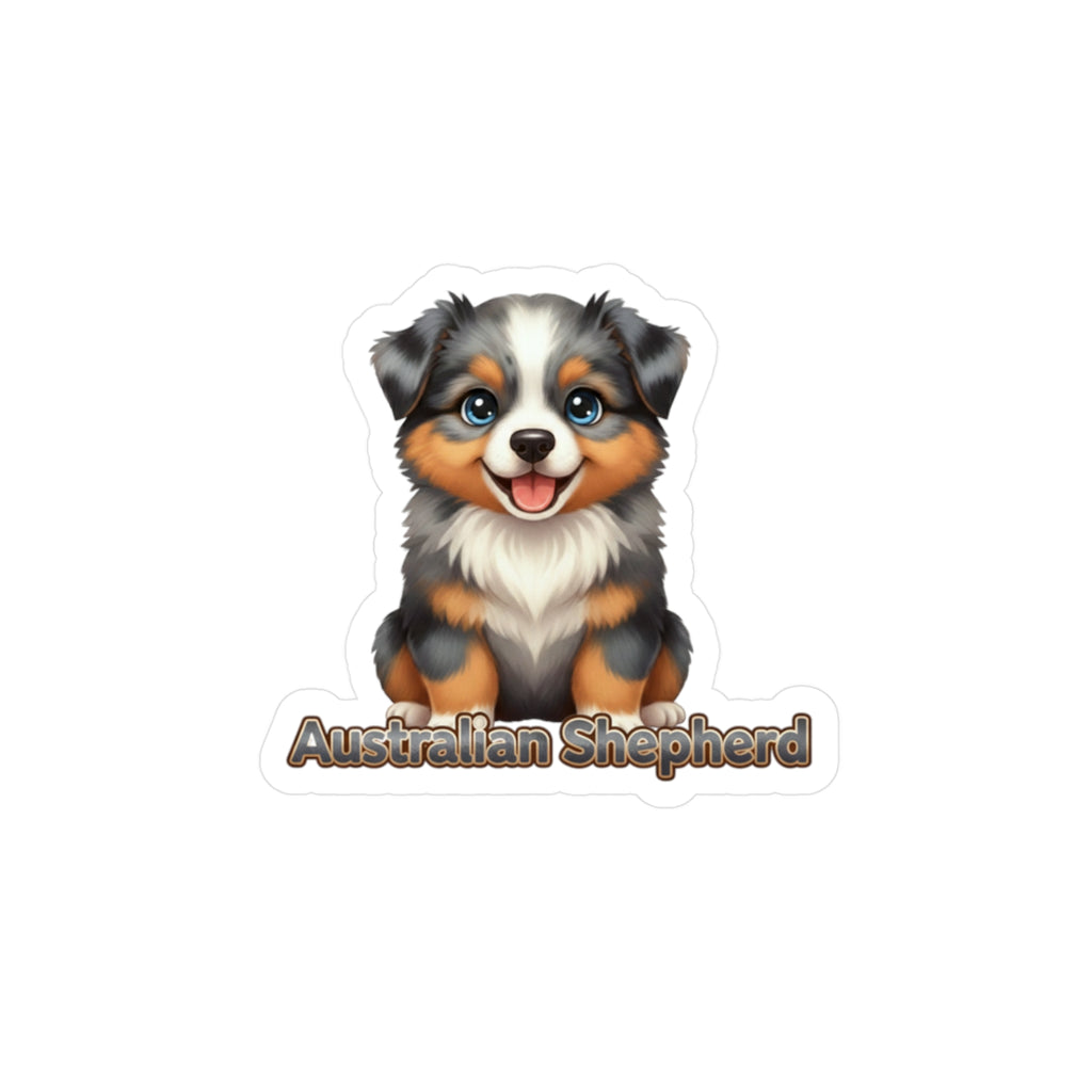 Australian Shepherd puppy vinyl decal sticker with blue eyes and brown and black fur