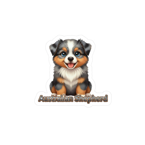 Australian Shepherd puppy vinyl decal sticker with blue eyes and brown and black fur