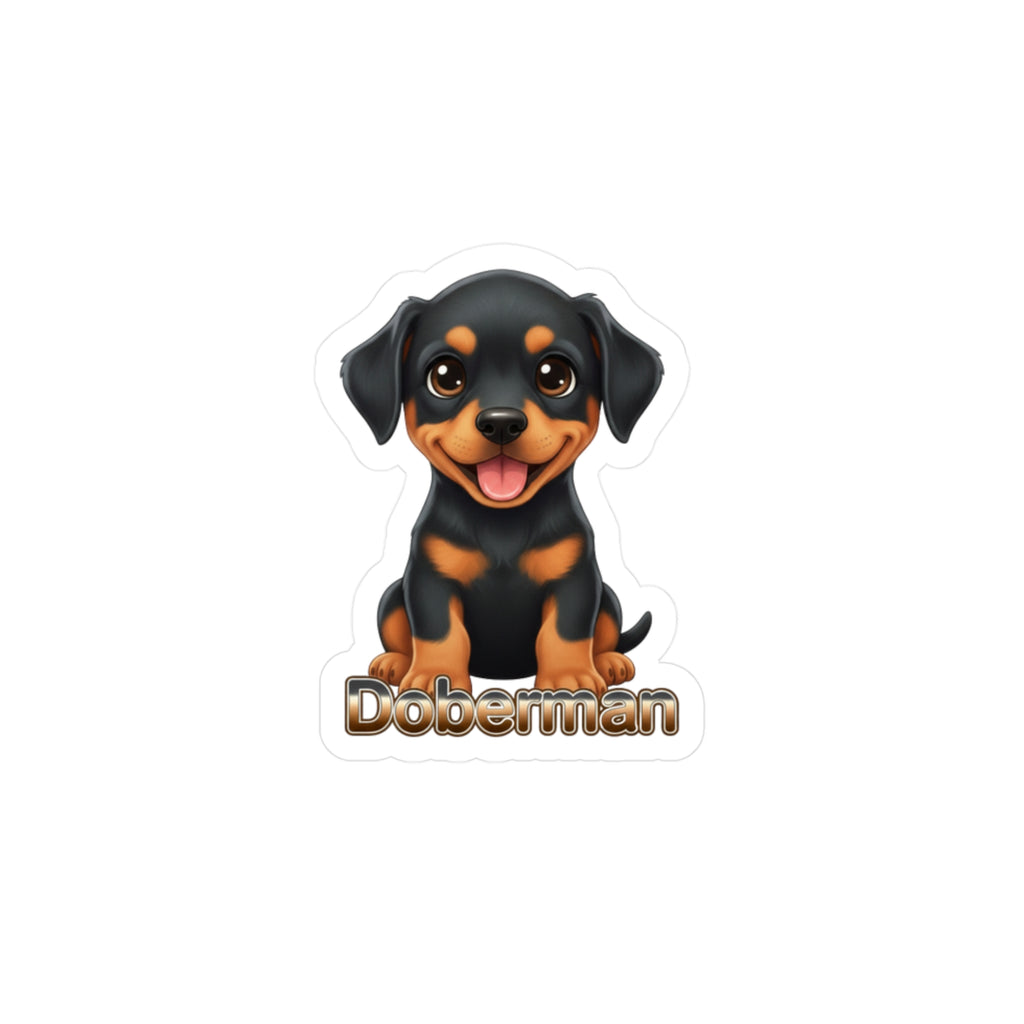 Doberman dog puppy vinyl decal sticker with a cartoon illustration of a black and tan puppy
