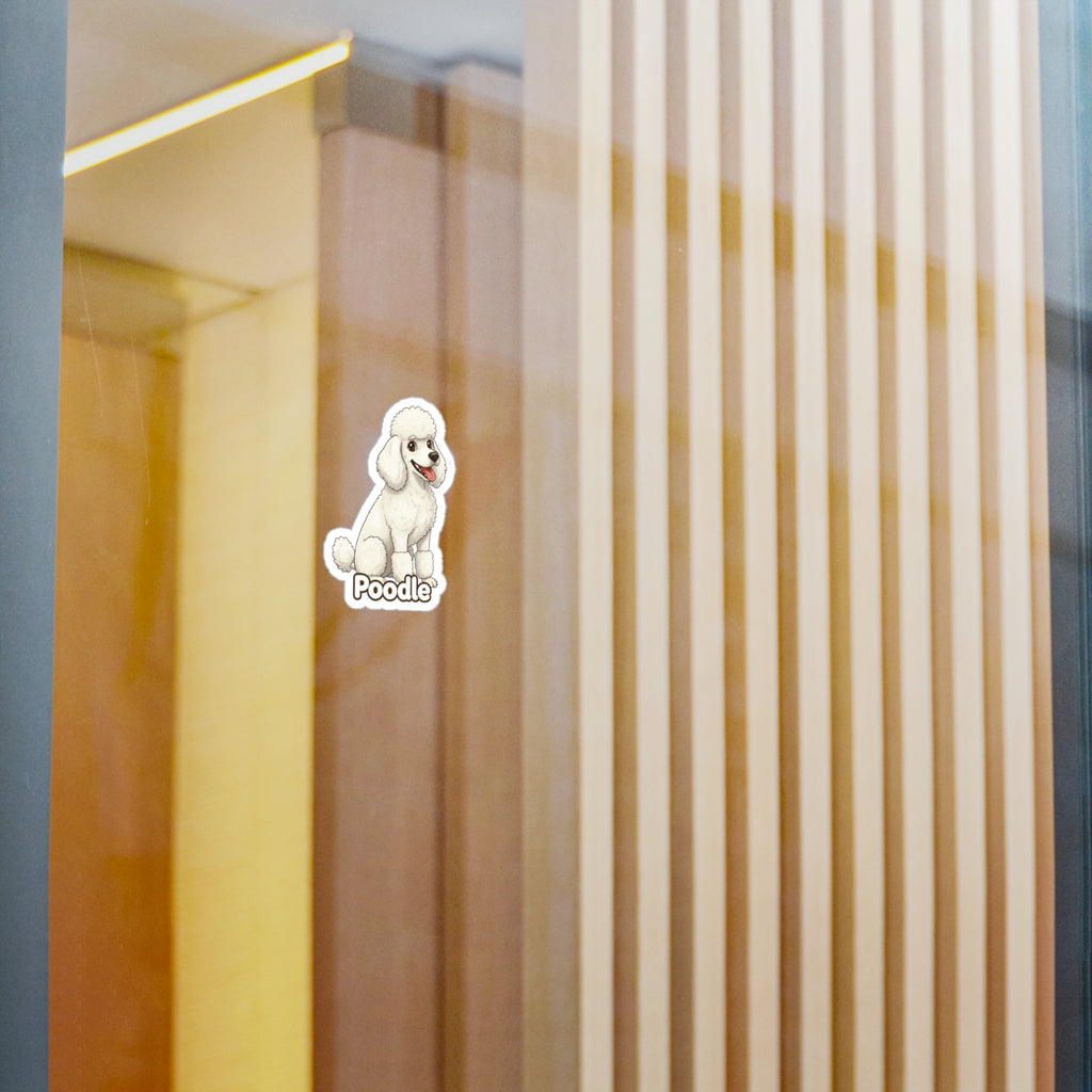 Poodle dog vinyl decal sticker applied to a glass surface