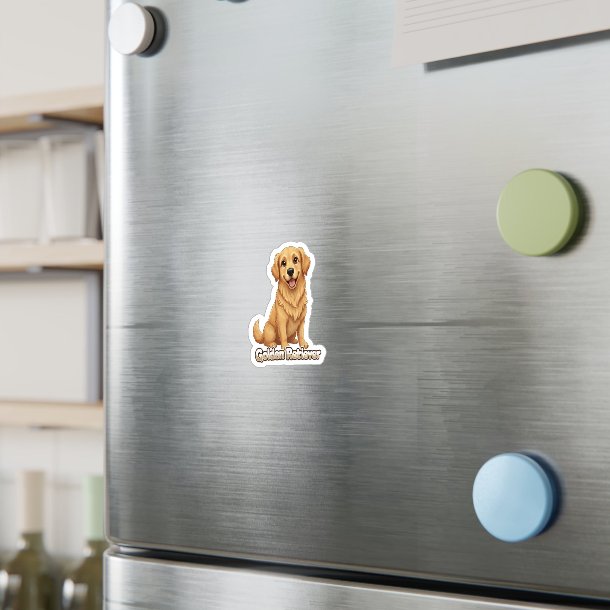 Golden Retriever dog vinyl decal sticker on a stainless steel refrigerator
