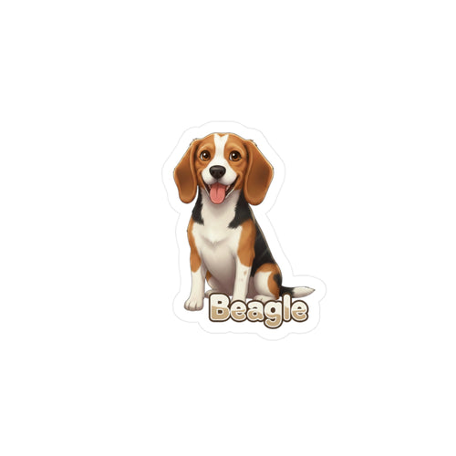 Beagle vinyl decal sticker featuring a sitting tricolor beagle dog with the word Beagle written below