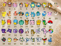 A grid of 47 small cartoon character pins or charms, each numbered 1 through 47, arranged on a beige textured fabric background with dried floral decor.
