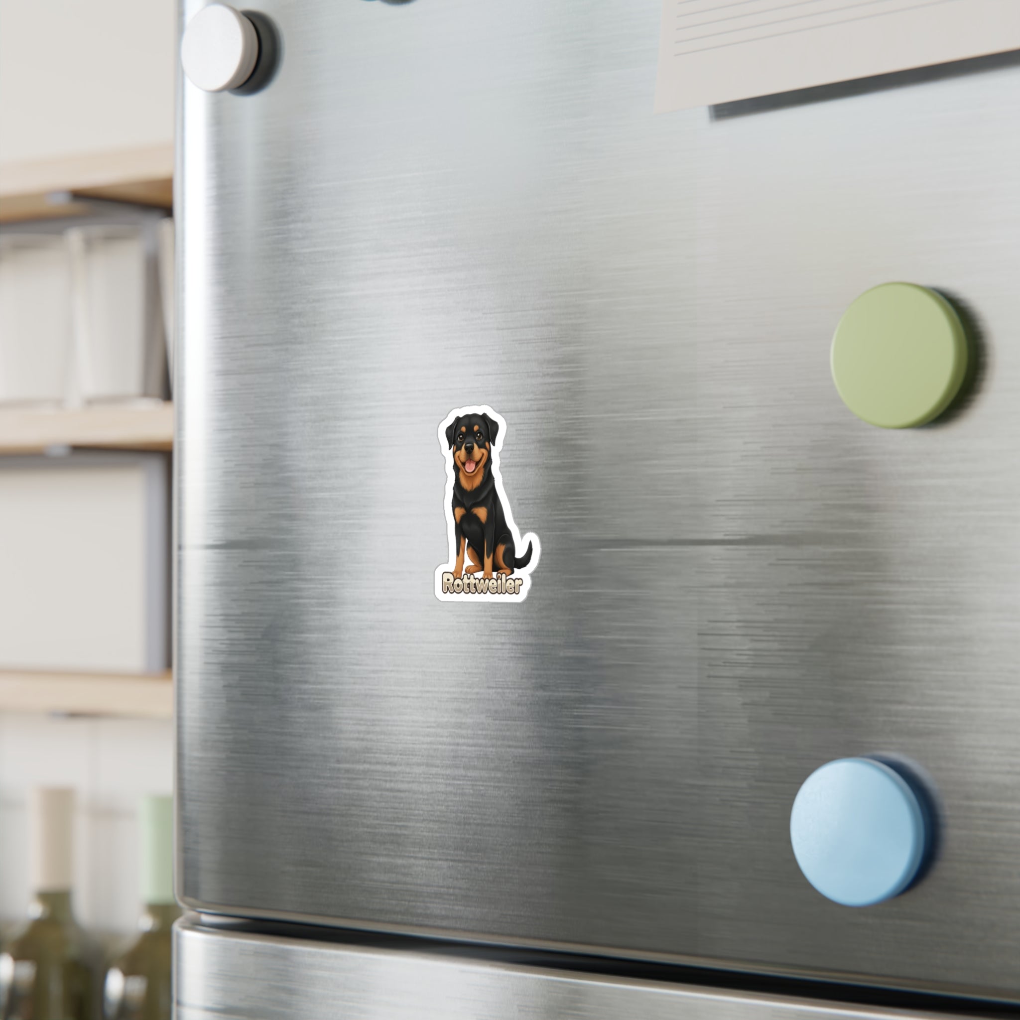 Rottweiler dog vinyl decal sticker on a stainless steel refrigerator