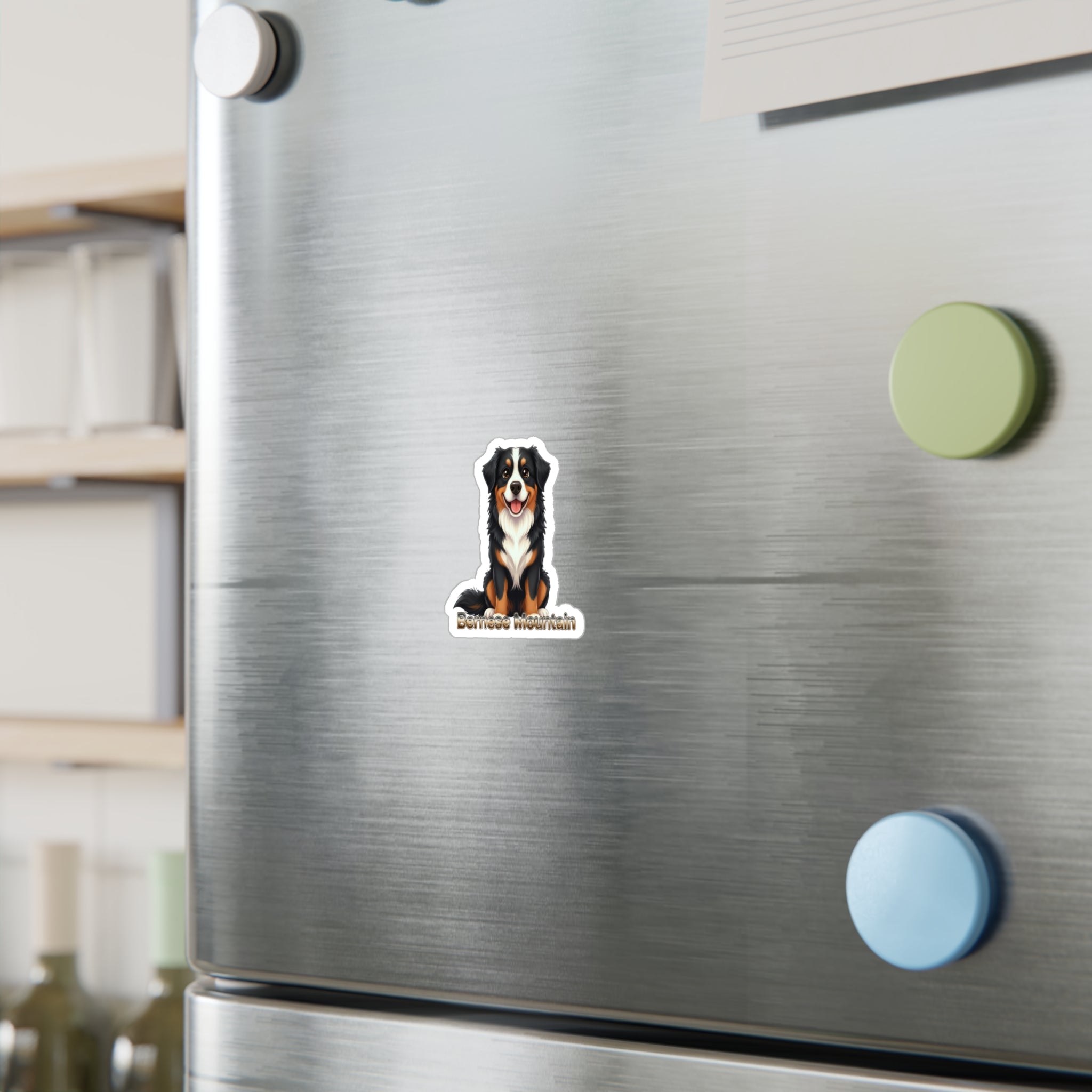Bernese Mountain Dog vinyl decal sticker on a stainless steel refrigerator