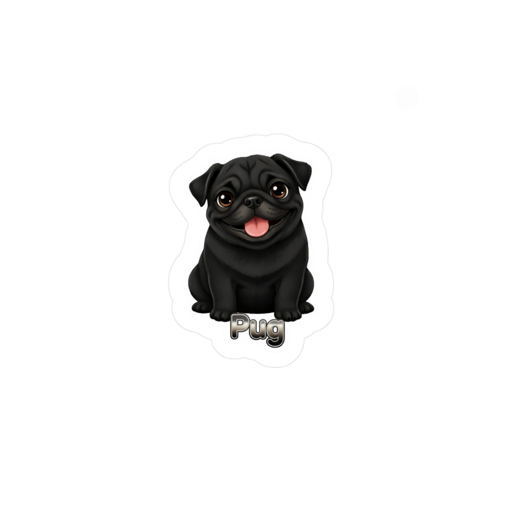 A die-cut sticker featuring a cute cartoon illustration of a black pug dog with its tongue out and the word 'Pug' written below it, shown on a plain white background.