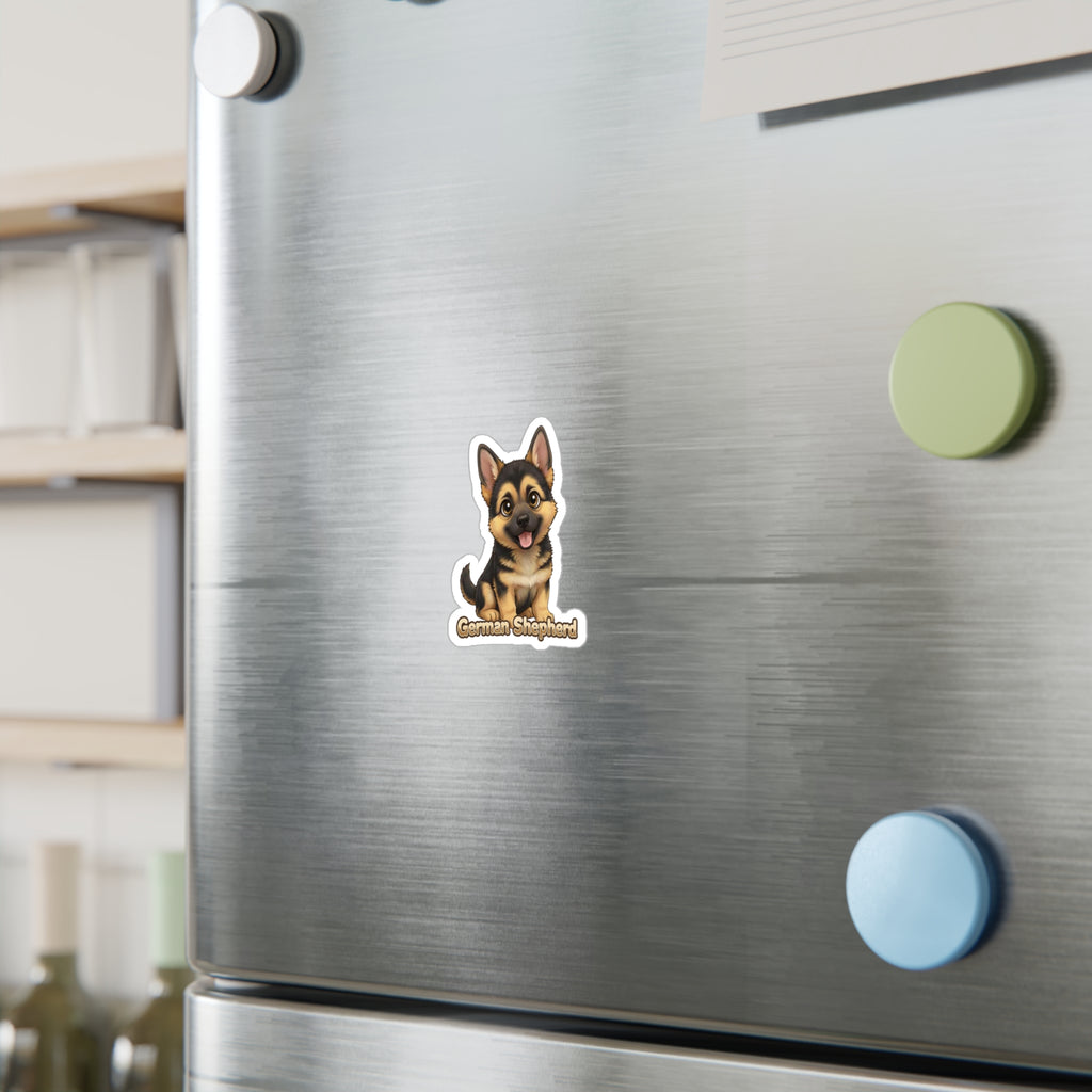 German Shepherd dog puppy sticker on a stainless steel refrigerator