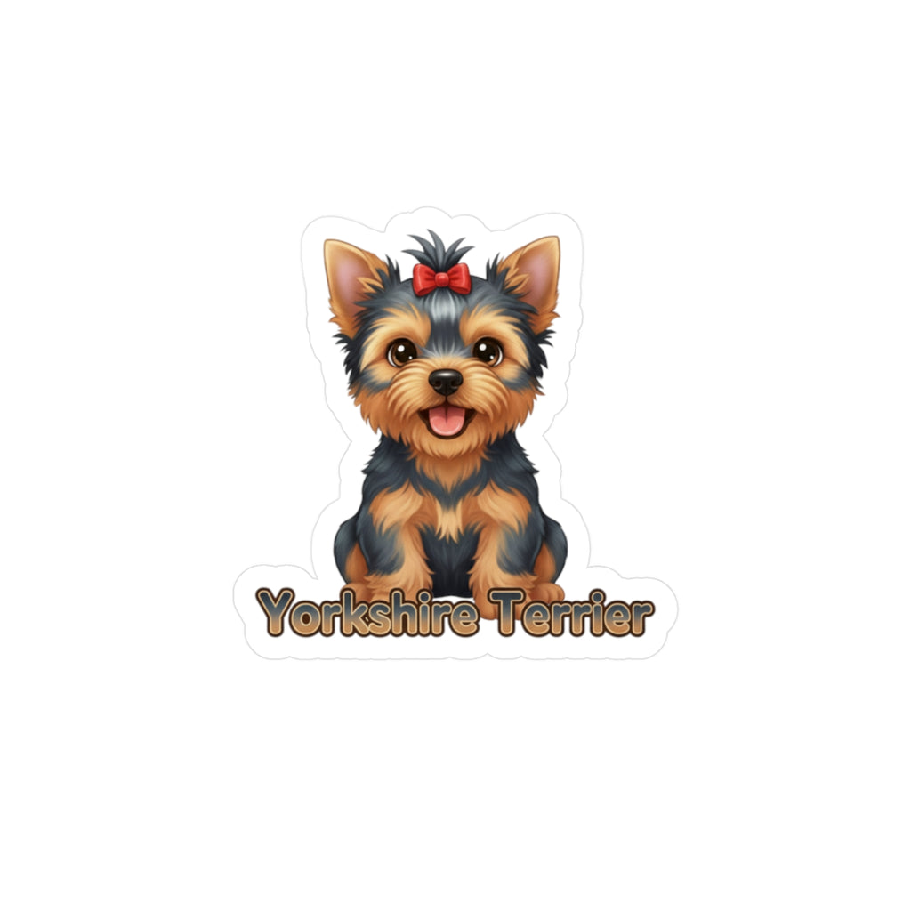 A die-cut sticker featuring a cartoon illustration of a Yorkshire Terrier with a red bow on its head and the text 'Yorkshire Terrier' below, shown on a plain white background.