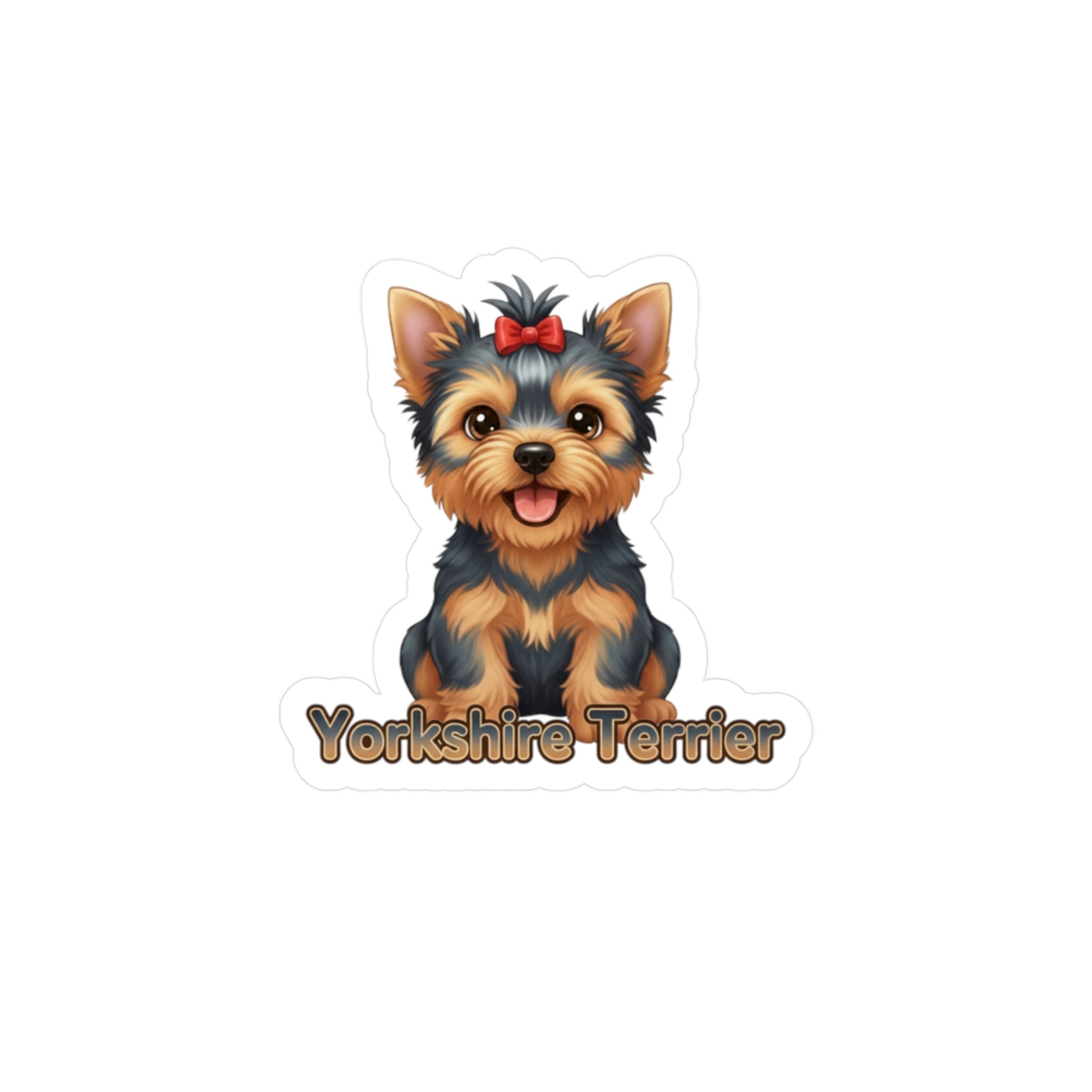 A die-cut sticker featuring a cartoon illustration of a Yorkshire Terrier with a red bow on its head and the text 'Yorkshire Terrier' below, shown on a plain white background.