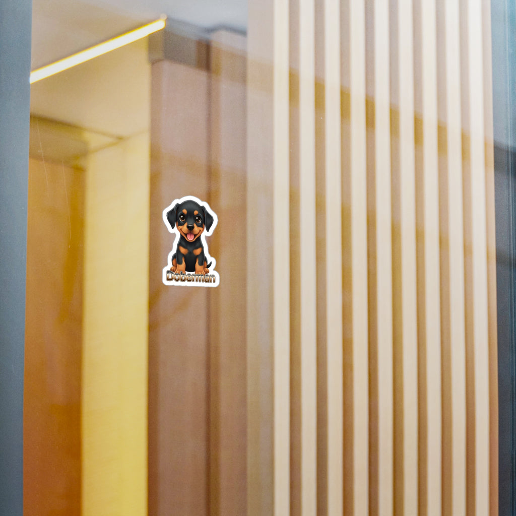 Doberman dog puppy vinyl decal sticker on a glass door
