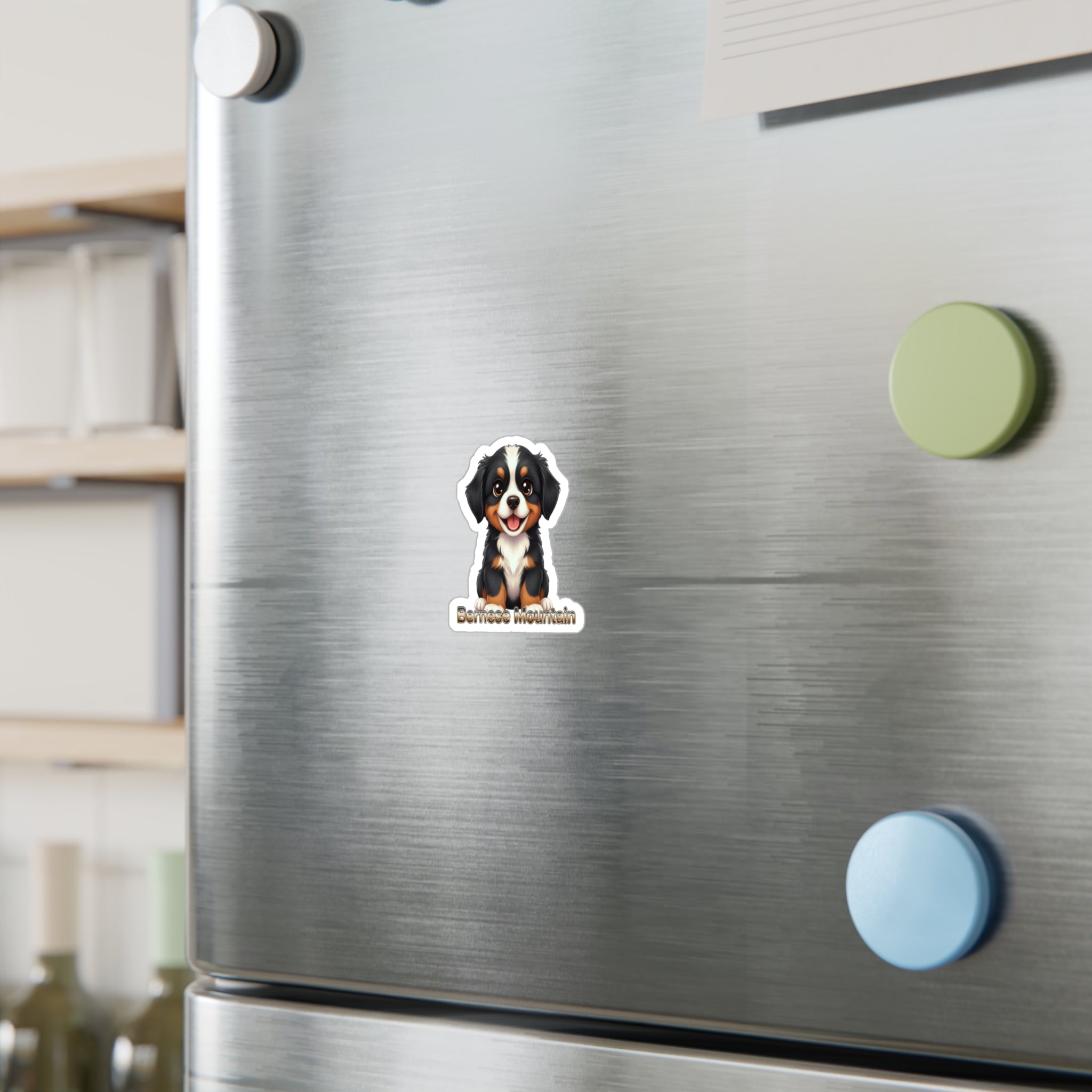 Bernese Mountain Dog puppy vinyl decal sticker on a stainless steel refrigerator