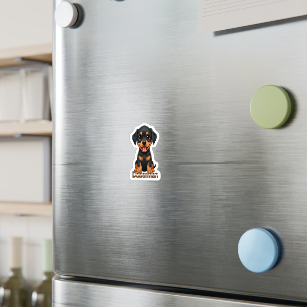 Doberman dog puppy vinyl decal sticker on a stainless steel refrigerator