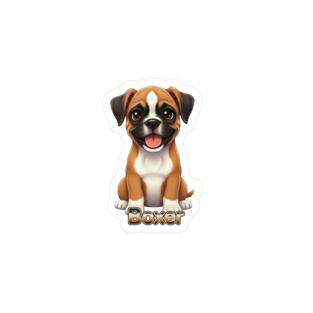Boxer dog puppy vinyl decal sticker with brown and white fur sitting and smiling