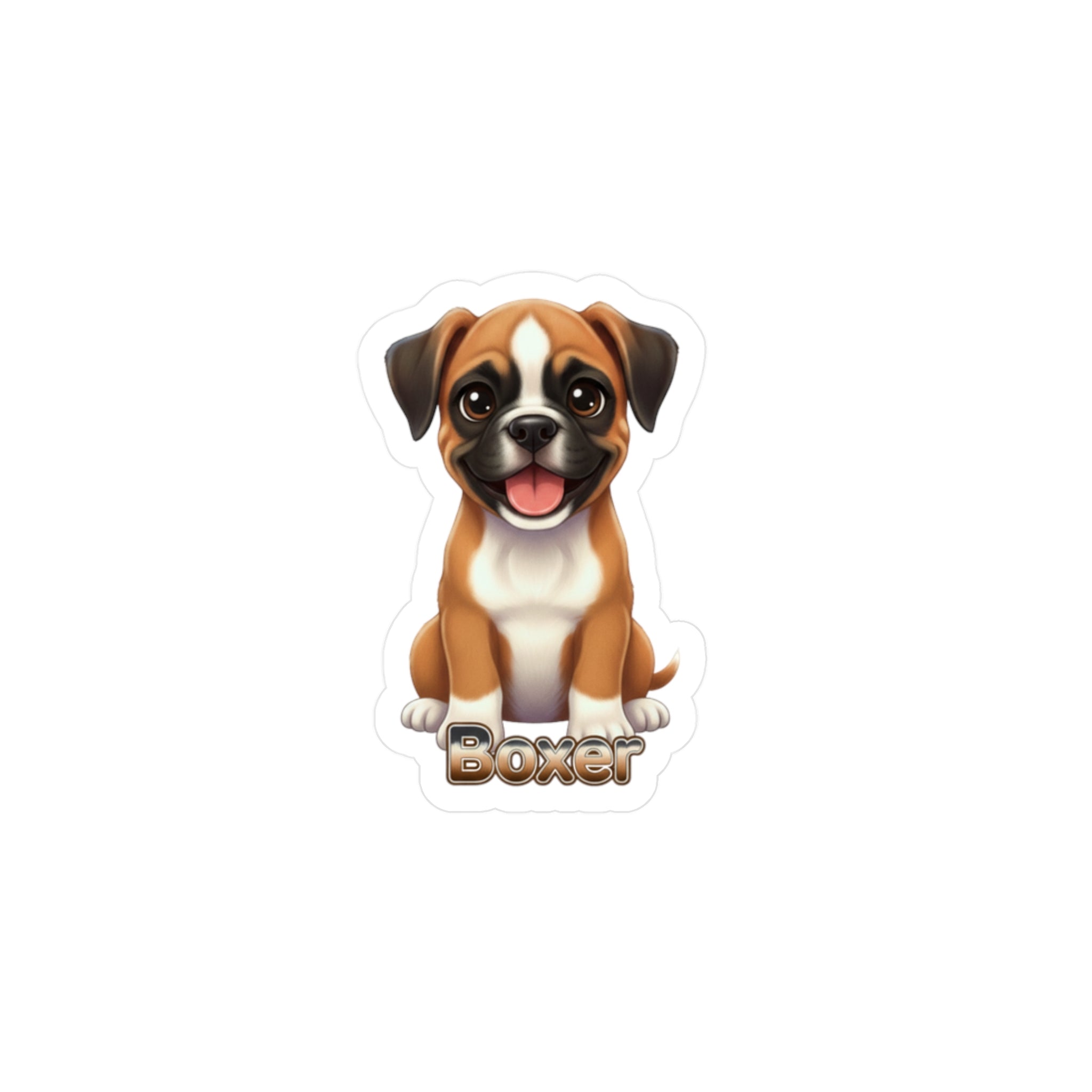 Boxer dog puppy vinyl decal sticker with brown and white fur sitting and smiling