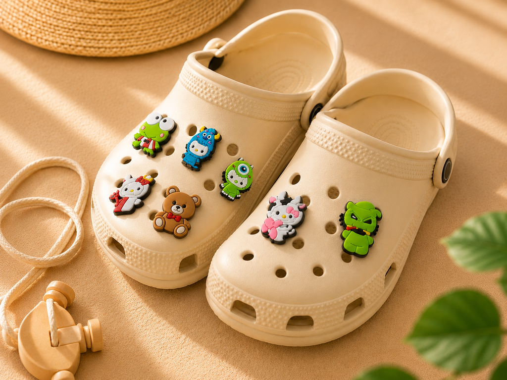 A pair of beige clog-style sandals with colorful cartoon charms, styled on a warm beige surface with a straw hat, rope, and green leaves in the background.