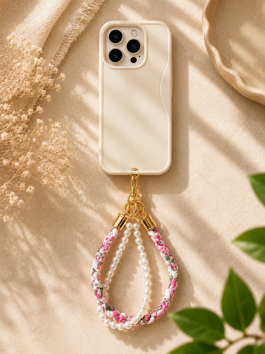 Phone strap with braided floral fabric and white pearl beads attached to a cream phone case