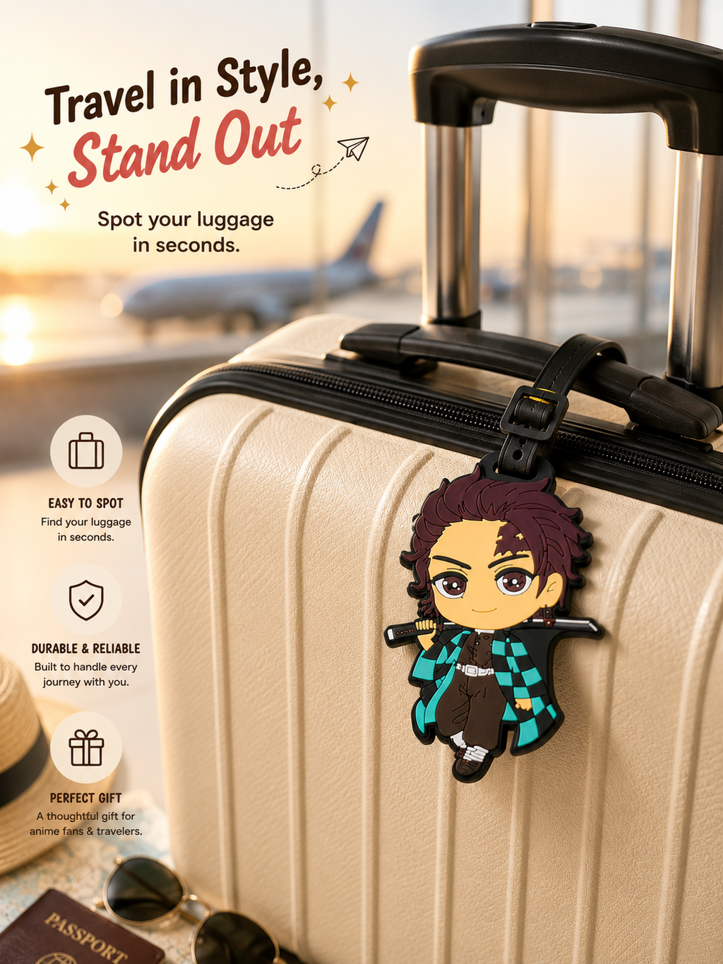 Anime luggage tag featuring a cartoon character attached to a suitcase handle at an airport