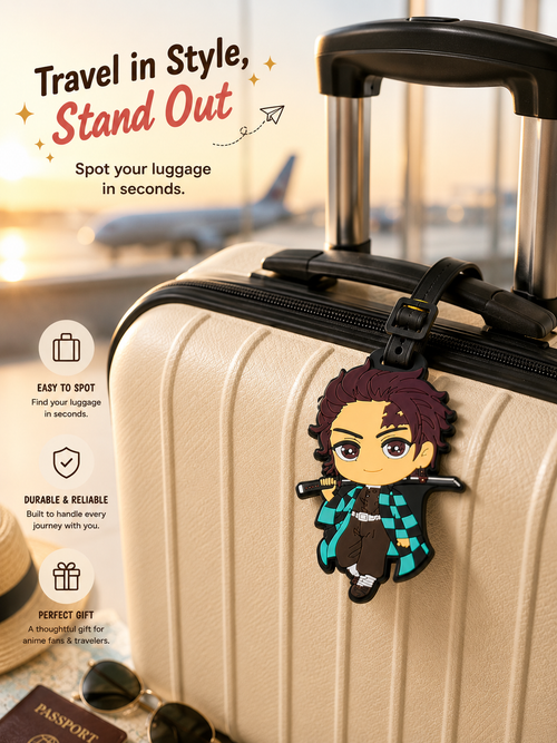 Anime luggage tag featuring a cartoon character attached to a suitcase handle at an airport